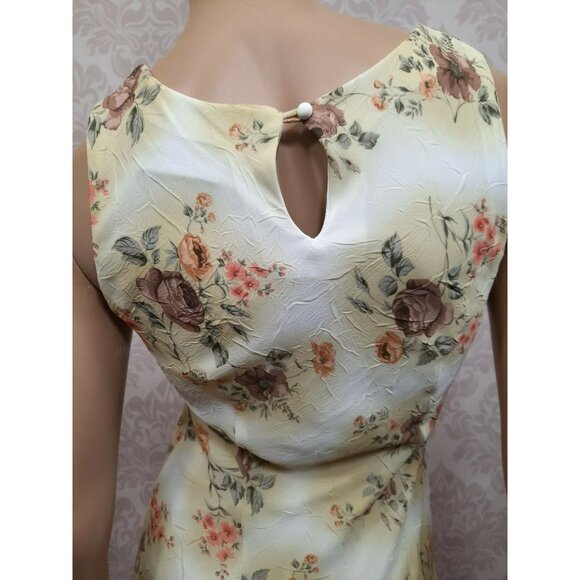 Vintage 90s Floral Dress Size S Sleeveless Crinkle Fabric Beige Brown Above Knee - Picture 8 of 11